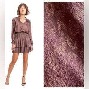 Current Air Long Sleeve Pleated Tiered Mini Dress in Mauve Metallic